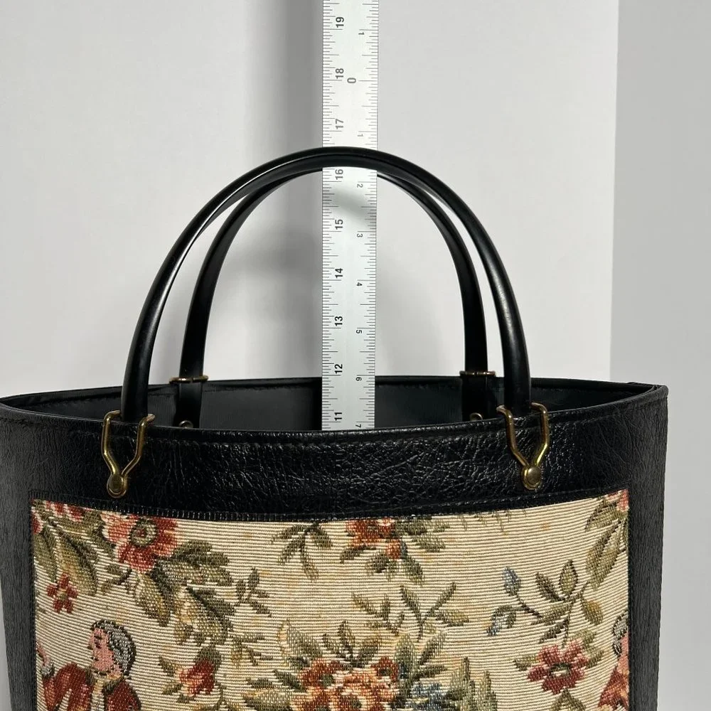 Vintage Handbag‎ Black with Tapestry Front craft bag hard side purse granny bag